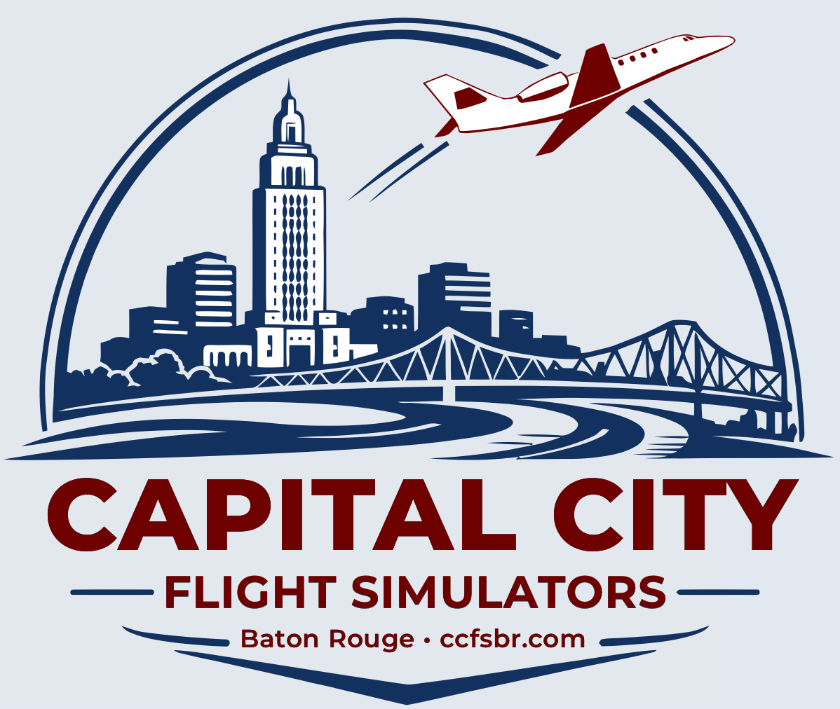 Capital City Flight Simulators logo with Baton Rouge skyline and plane flying over the Mississippi bridge
